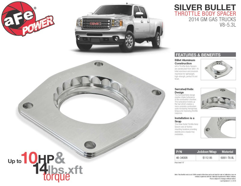 aFe Silver Bullet Throttle Body Spacers TBS 2014 GM Silverado/Sierra 1500 V8 5.3L