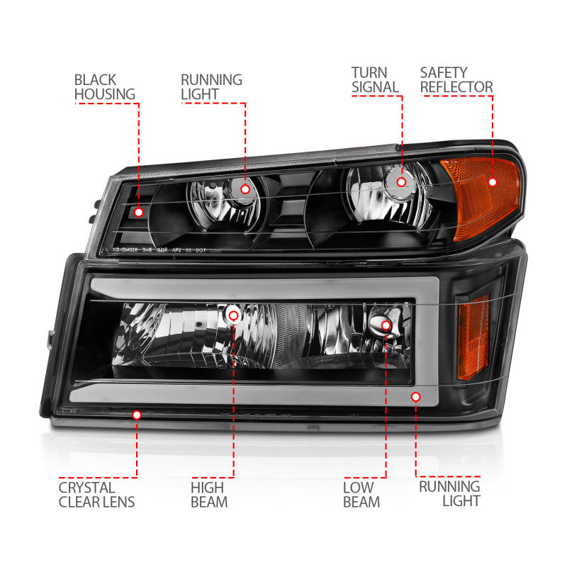 ANZO 04-12 GM Colorado/Canyon/I-Series Crystal Headlights - w/ Light Bar Black Housing 4pcs